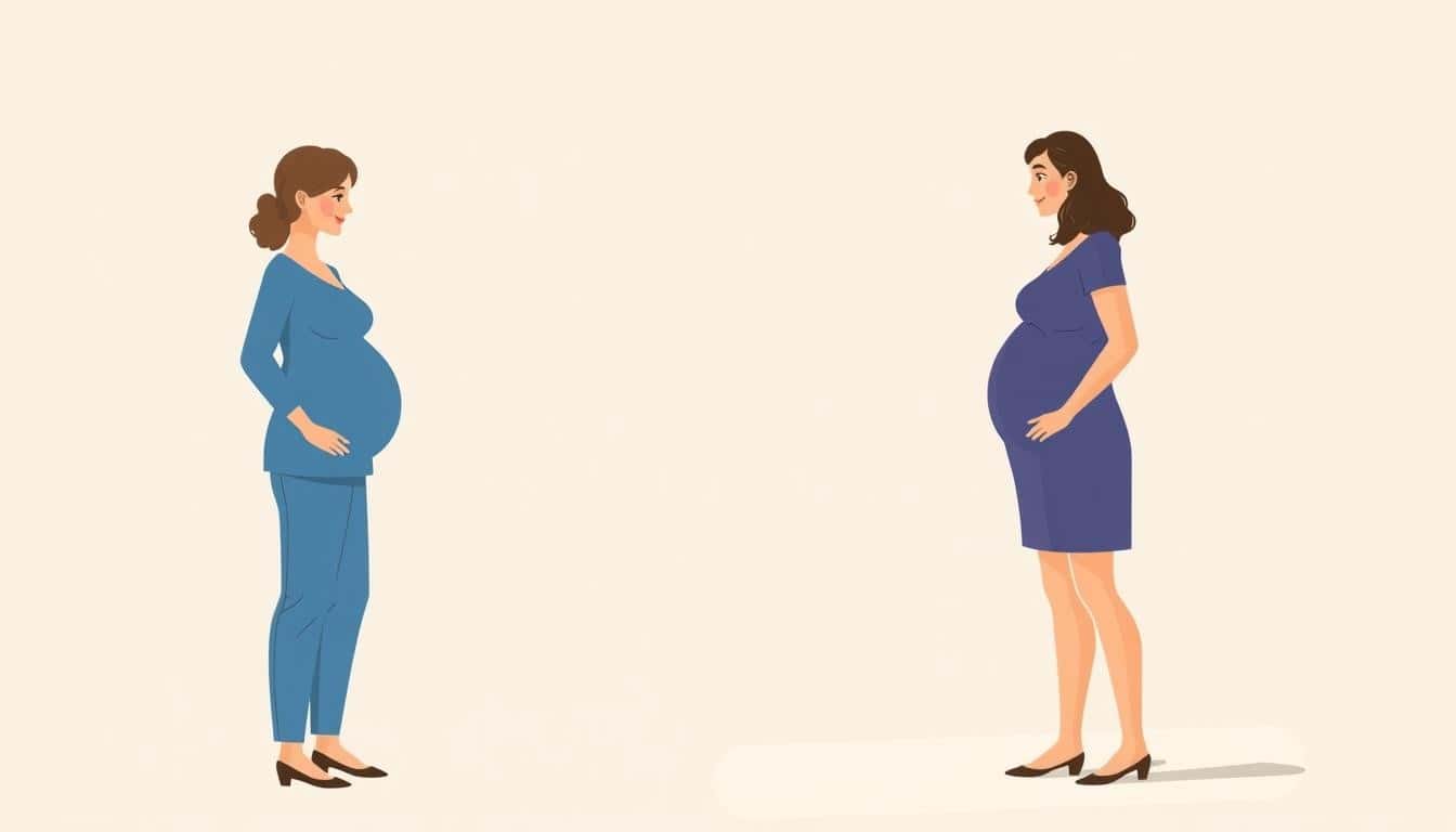 Illustration of two pregnant women facing each other. One wears a blue sweater and pants, the other a blue dress. Both appear calm and content.Illustration of two pregnant women facing each other. One wears a blue sweater and pants, the other a blue dress. Both appear calm and content.